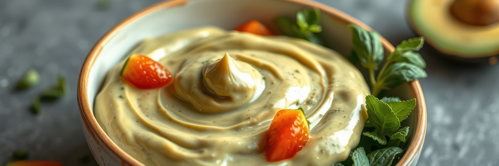 Creamy avocado dip with fresh herbs and vibrant orange segments in a bowl